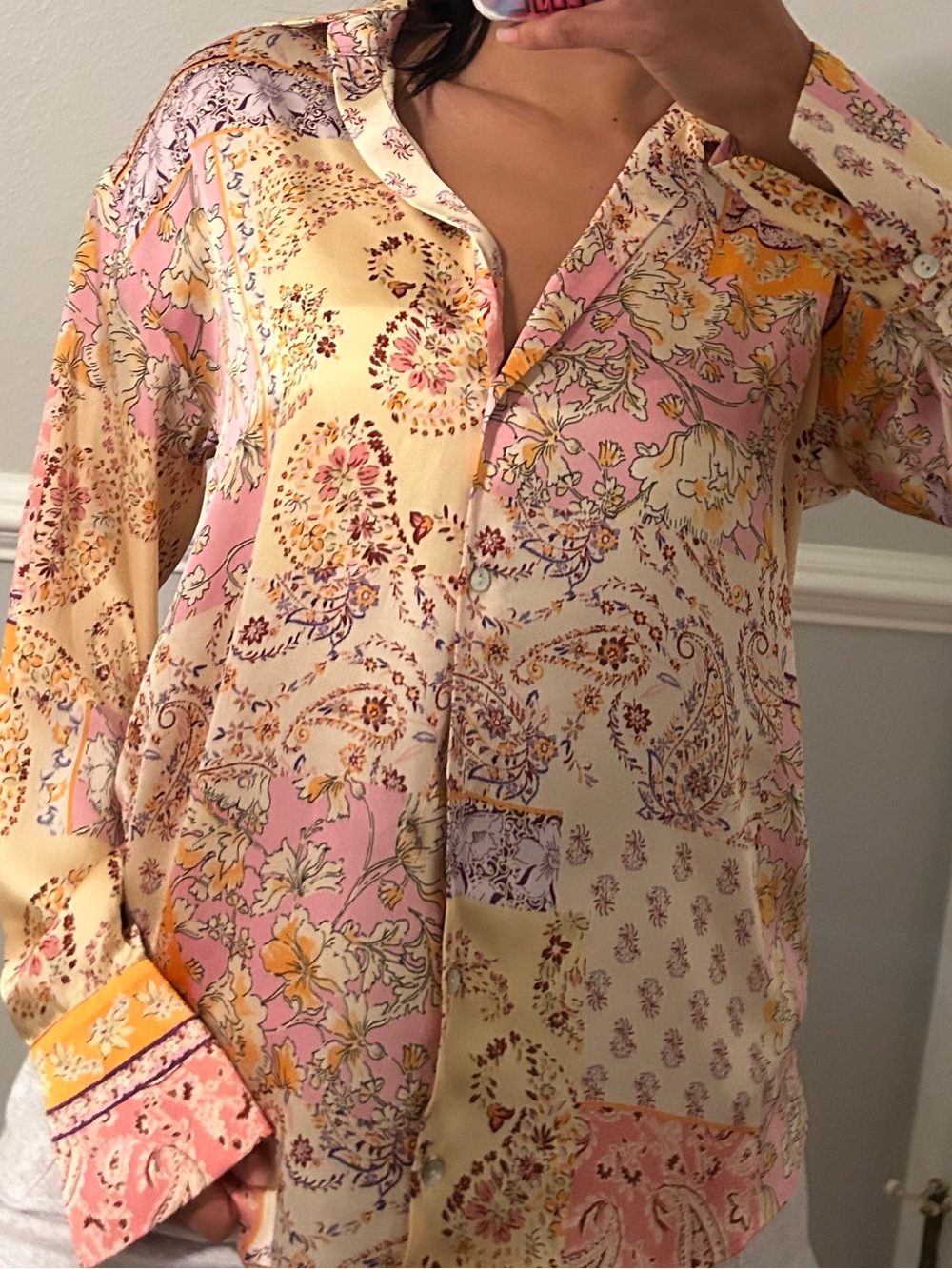 Zara Pastel Patchwork Floral Button-Up Blouse in Cream and Pink - Picture 1 of 2